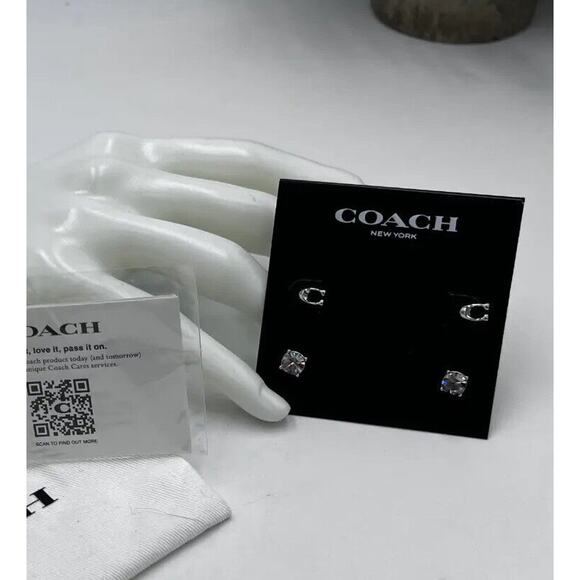 COACH 2 Pair Set Signature Logo C and Crystal‎ Stud Earring Set New With Pouch - Picture 2 of 9